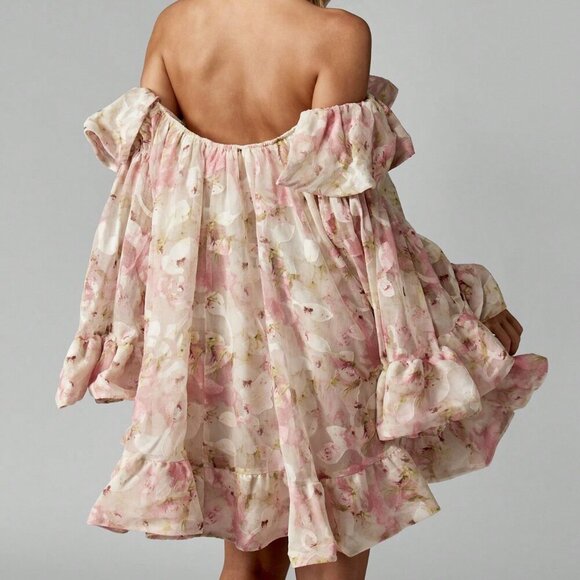 Pink Boho Women's Floral Chiffon Bardot Mini Off Shoulder Ruffle Dress - Picture 2 of 6